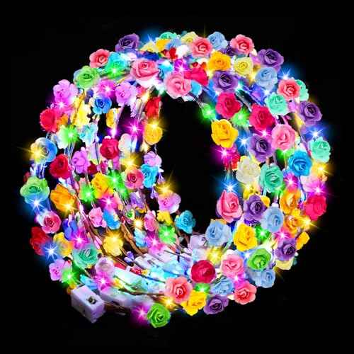24 PCS LED Flower Crowns Headbands, Light Up Flower Crowns for Women & Girls, Glow in The Dark Flower Hairbands Wreath for Wedding Beach Party Birthday Cosplay Gifts, Halloween, Christmas