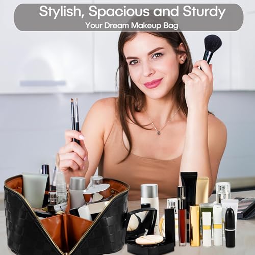 Large Capacity Travel Cosmetic Bag - Portable Makeup Bags for Women Waterproof PU Leather Checkered Makeup Organizer Bag with Dividers and Handle,Toiletry Bag for Cosmetics