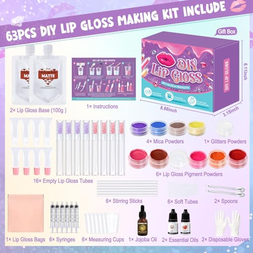 JCOOS DIY Lip Gloss Making Kit - 63PCS Diamond Matte Lip Gloss Base, Tubes & Pigment - Teen Girl Gifts
