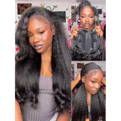 Sunber V Part Wig Human Hair Glueless Wig Kinky Straight Upgrade No Leave Out Vpart Kinky Straight Wigs 150% Density Glueless Clip in Half Wigs No Glue No Sew in Beginner Friendly 18Inch