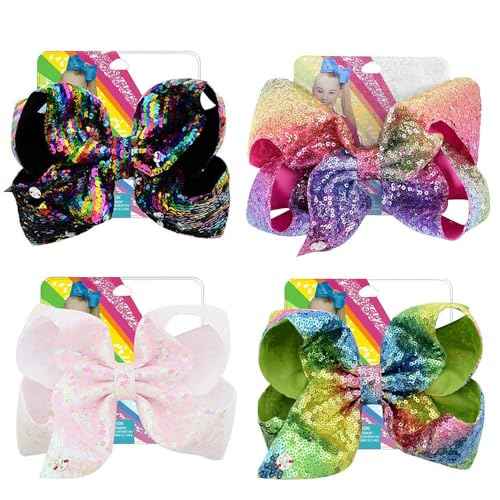 4Pcs/8 inch Glitter Sequin Bows for Girls Gift, Kalolary Large Hair Bows Alligator Clips Grosgrain Ribbon Hair Barrettes Accessories for Toddler Teens Girls Christmas Holiday Present