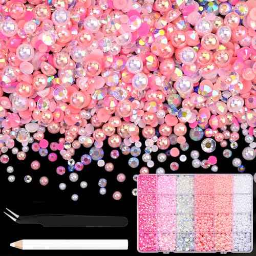 NACHLYNN 10000 Pcs Pink White Rhinestones and Pearls 3-8mm Half Pearl Bead Resin Rhinestones Kits Comes with Jewelry Pen and Tweezers Suitable for Nail Art Clothing Handmade DIY Decoration