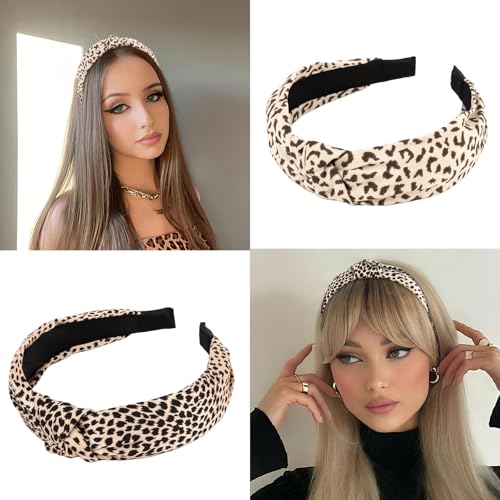 Headbands for Women Leopard Print Knotted Cloth Top Knot Headband for Women Non Slip 4PCS Beige Brown Fashion Accessories