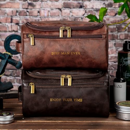 Flycalf Mens Toiletry Travel Bag Customized Mens Leather Toiletries Grooming Bag for Men Shaving Bag Hanging Water Resistant Organizer (Brown)