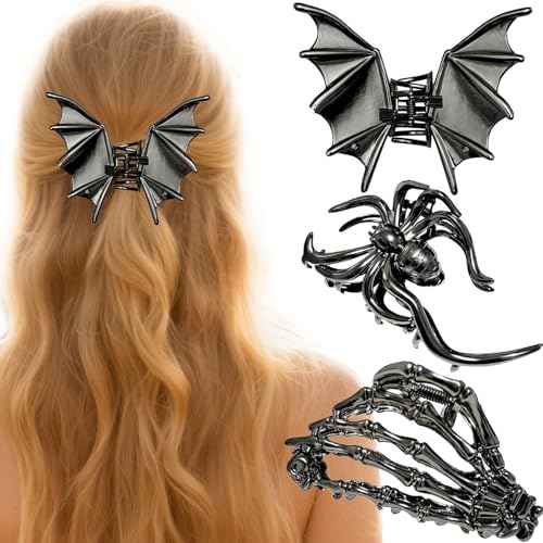 3 Pieces Large Metal Spider Net Bat Hand Hair Claw Clips for Women and Girls Thick Long Hair, Nonslip Skeleton Spooky Barrette Headband Hair Styling Accessories for Halloween Christmas Gifts