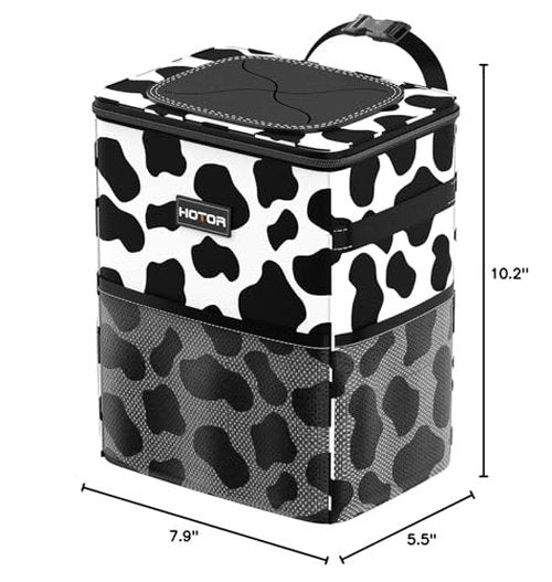 HOTOR Car Trash Can with Lid and Storage Pockets - 100% Leak-Proof Organizer, Waterproof Garbage Can, Multipurpose Trash Bin for Car, 2 Gallons, Cow