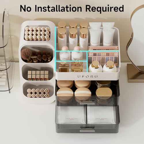 Makeup Organizer for Vanity with Brush Holder, Countertop Organizer with 2 Drawers, Spacious Cosmetic Display Case for Beauty Essential, Skincare, Lipstick