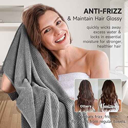 Umisleep Extra Large Microfiber Hair Towel for Women Long, Curly, Thick Hair, Super Soft Anti Frizz Quick Dry Hair Towel Wrap, Ultra Absorbent Hair Turban with Elastic Band Grey