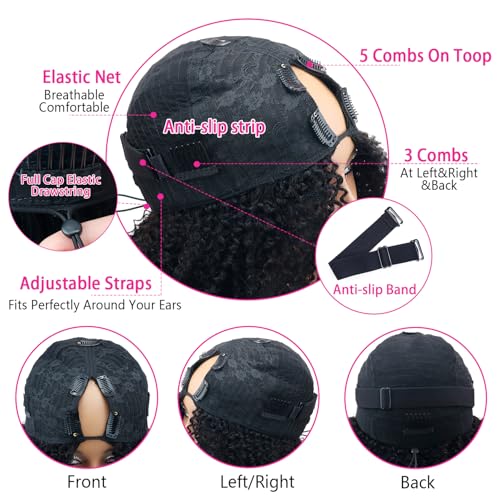 Afro Kinky Curly V Part Human Hair Wigs Human Hair 200% Density Upgrade Afro Curly V Part Wigs With Drawstring Clip In Half V Shape Wigs For Women, Beginner Friendly,Natural Color(16 Inch)