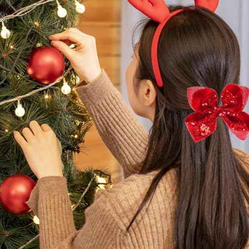 Red Green Hair Bows Clips Christmas 5 Inches Glitter Sequins Hair Bows Clips Ribbon Hairpin Cheer Alligator Clips Bows Hairpins Barrette for St. Patrick's Day Holiday Girls Women 2PCS