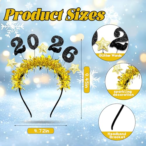 4 Pcs Happy New Year Headbands for Women 2026 New Year Eve Hairbands Party Supplies Holiday Headwear Decoration Gifts (Gold+Silver)
