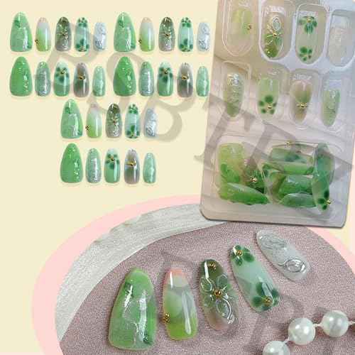 30Pcs Green Press on Nails Butterfly with Gold Vine Designs 3D Floral Fake Nails Medium Almond False Nails Flower Stick On Nails Handmade Spring Nail Art for Holiday, Vacation, Gift, Nail Kit