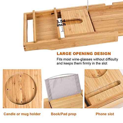 Bamboo Bathtub Caddy Tray Expandable for Luxury Bath, Bath Accessories & Table with Wine Glass Holder, Book Stand Bathroom Organizer with Extending Sides for Men/Women,Natural
