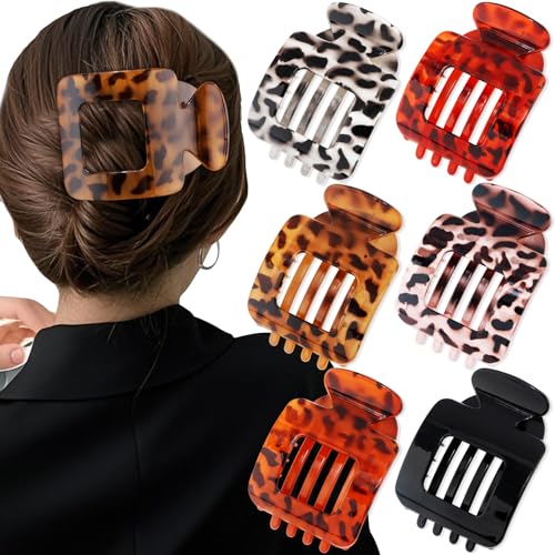 Flat Square Hair Clips Large Claw Clips for Thick Medium Thin Hair 6Pcs Non Slip Strong Hold Barrettes French Duckbill Accessories for Women Girls Leopard Tortoise Shell