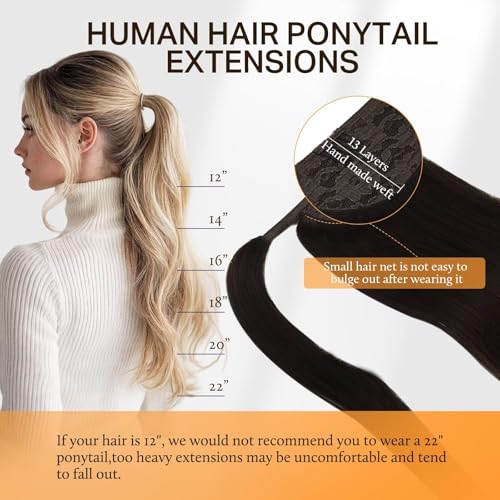 DOORES Hair Extensions Ponytail Extension Clip in Dark Brown 18 Inch 80g Hair Extensions Ponytail Hair Extensions Wrap Around Remy Human Hair Ponytail with Magic Paste Straight