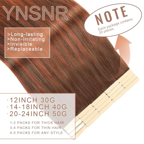 Tape in Hair Extensions Real Human Hair 24 Inch Balayage Chocolate Brown to Auburn Brown Tape for Skin Weft Hair Extension Invisible Tape in Hair Extensions Straight Remy Human Hair for Women 20pcs