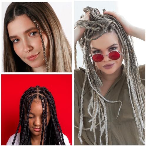 190PCS Silver Hair Jewelry for Braids, Metal Hair Charms Cuffs Rings Clips, Silver Loc Jewelry for Women Men Dreadlock Accessories Decorations