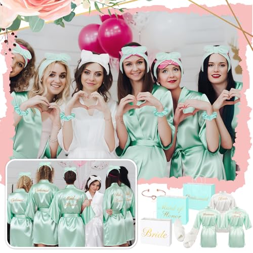 48 Pcs Bridesmaid Bride Robes Set of 8 Bridal Party Silk Satin Robes for Wedding Bachelorette Party Gifts (White,Sage Green)