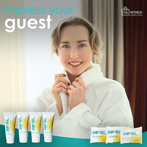 World Amenities Sun+Sol Mini Travel Size Hotel Toiletries Bathroom Kit - Case of 25 Sets - Warm Coconut & Vanilla - Shampoo, Conditioner, Body Wash, Lotion, Cleansing Bar, Soap Bar