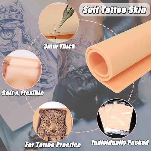 3MM Tattoo Practice Skin 5Pcs + 300 Ink Cups Kit - Realistic Double-Sided Training, Mixed Size 11mm/14mm/17mm Pigment Caps for Tattoo Artist & Beginner