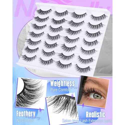 Newcally Lashes False Eyelashes Cat Eyes Wispy Natural Faux Mink Lashes 14 Pairs Pack Light Volume Short Fake Eye Lashes Multipack
