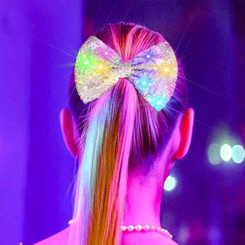 Woeoe Light Up Sequin Hair Bows Clips Glitter Bow Hairpin Glow Hair Bows Accessories Birthday Party for Women and Girls (Silver)
