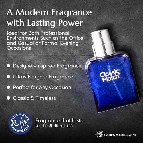PB ParfumsBelcam Blue Classic Match Eau de Toilette Spray for Men ? Modern Citrus Fougere Fragrance, Notes of Melon, Moss and Patchouli, Cologne Alternative, Signature Fragrance ? 2.54 Fl Oz