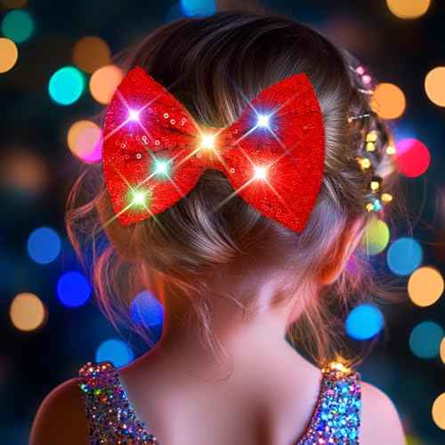 Campsis Light Up Hair Bow Clip, Red Sparkly Sequin Bowknot Hair Piece, Carnival Festival Costume Hair Accessories for Women(Red)