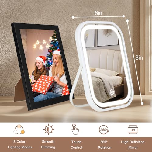 Travel Makeup Mirror with Lights, Portable Small Beauty LED Vanity Mirror with Lights, 1200mAh Battery, Dimmable Touch Screen, Tabletop Folding Compact Mirror,Women Gift