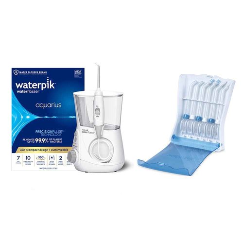 Bundle with Waterpik Aquarius Water Flosser, White WP-660 with Convenient, Hygienic and Sturdy Tip Storage Case with 6 Replacement Flossing Tips, Electric Dental Countertop Professional Oral Irrigator