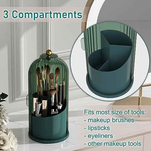 GAXmi Makeup Brush Holder with Lid Cosmetic Tools Organizer 360 Rotating Waterproof Dustproof Beauty Brushes Storage for Vanity, All Green