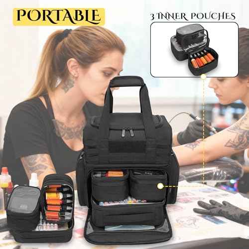 Tactical Tattoo Travel Case with 3 Inner Removable Pouches, Molle System Tattoo Bag for Equipment and Supplies, Tattoo Case with Shoulder Strap for Stencil Printer, Black
