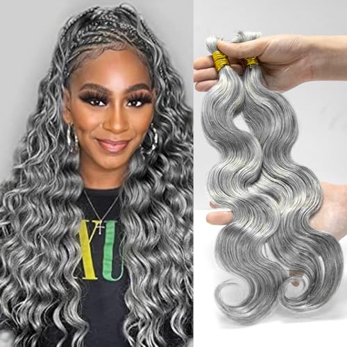 Human Braiding Hair for Boho Braids, Body Wave Bulk Salt and Pepper Human Hair 100g 2 Bundles/Pack Brazilian Virgin Hair No Weft Wet and Wavy Gray Hair Extensions for Black Women 20 Inch