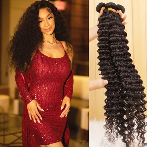 Brazilian Human Hair Deep Wave 3 Bundles 16 18 20 Human Hair 12A Grade 100% Unprocessed Virgin Remy Deep Curly Wave Extensions Weave Natural Black Color for Black Women