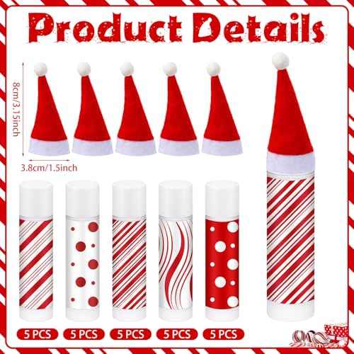25 Set Christmas Peppermint Flavor Lip Balms Bulk 25 Pcs Candy Flavor Lip Balms & 25 Pcs Mini Santa Hats Cute Xmas Decoration Christmas Party Favor Stocking Stuffer Gifts for Coworker Staff Employee