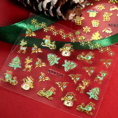 30 Sheets Christmas Nail Art Stickers Decals Set, Golden Cartoon Designs with Snowflakes, Snowmen, Trees, Reindeer, Bells, 3D Adhesive Embellishments, Shimmery Hexagonal Self-Adhesive Nail Decor