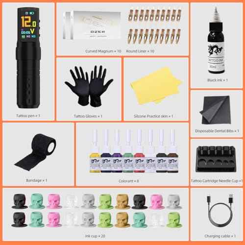 OZER Wireless Tattoo Pen Set 2000mAh Tattoo Gun Kit is Suitable for Professionals to Use It Contains 20 Tattoo Ink Cartridts 8 Colorants 1 Bottle of Black Ink and One Skin Care Practice Aaccessory