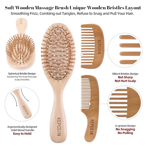 3PCS Solid Wooden Hair Brush and Small Wood Comb, Detangling Brush with Natural Bristles, Portable Scalp Massage Kit for All Hair Types, Wood Haircare Gift for Women/Men