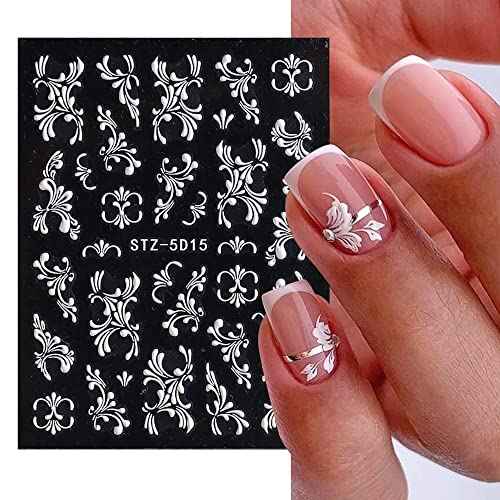 4 Sheets Flower Nail Art Sticker Decals - 5D Stereoscopic Embossed Acrylic Nail Stickers Self-Adhesive Nail Art Supplies White Lace Retro Floral Nail Designs DIY Manicure Decoration for Women Girls