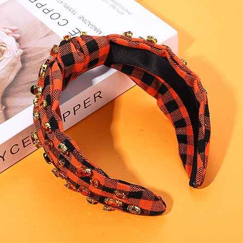 Halloween Headband for Women Rhinestone Crystal Knotted Headband Embellished Orange Black Plaid Top Knot Hairband Gothic Spooky Hair Accessories Outfits Costume Party Gifts (Halloween 1)