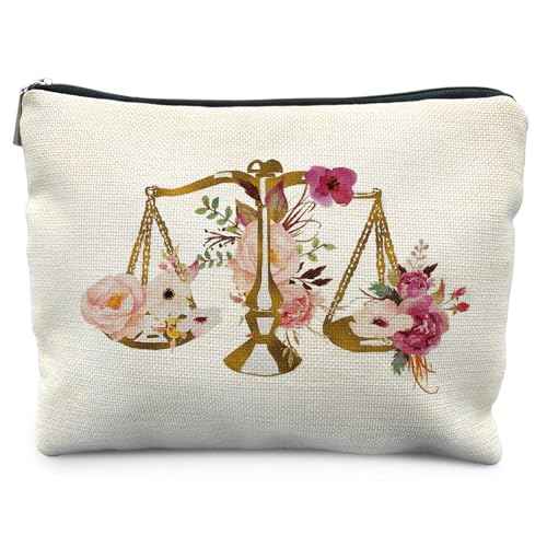 Lawyers Gift Makeup Bag for Women, Attorney Gifts for Women, Judge Gifts Cosmetic Bag for Purse, Pink Floral Balance Makeup Zipper Pouch