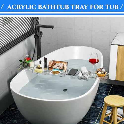 Expandable Acrylic Bathtub Tray for Tub, Bath Caddy Tray Table for Bathtub, Adjustable from 31.5 to 41 inch, Bathtub Rack fits Most Bathtubs and Bathroom D?cor, Bath Tub Shelf Accessories for Women