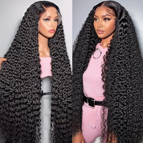 13x6 Deep Wave Lace Front Wigs Human Hair 200% Density HD Lace Frontal Wigs 12A Glueless Curly Wigs Human Hair Pre Plucked with Baby Hair Wet And Wavy Wigs for Black Women Natural Black 20 inch