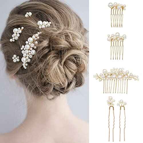 Wedding Pearl Hair Combs Set of 5 Pieces - Prom Hair Pins Accessories for Bridal Women (Gold)
