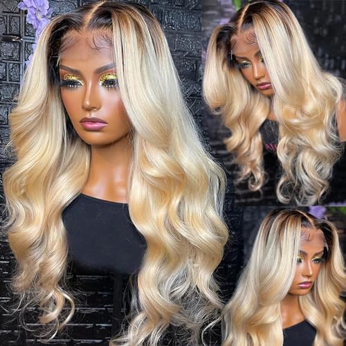 Smavida 13x4 Body Wave HD Lace Front Wigs Ombre Blonde Human Hair Pre Plucked 150% Density 22 Inch HD Transparent Undetectable Melted Glueless Wavy Lace Frontal Human Hair wigs for Women Full Ends