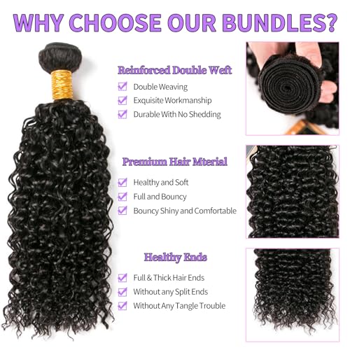 Curly Bundles Human Hair Kinky Curly Human Hair Bundles 100% Unprocessed Brazilian Virgin Hair Quick Weave Curly Hair Bundles Extensions for Women Double Weft 16 16 16 Inch Natural Black