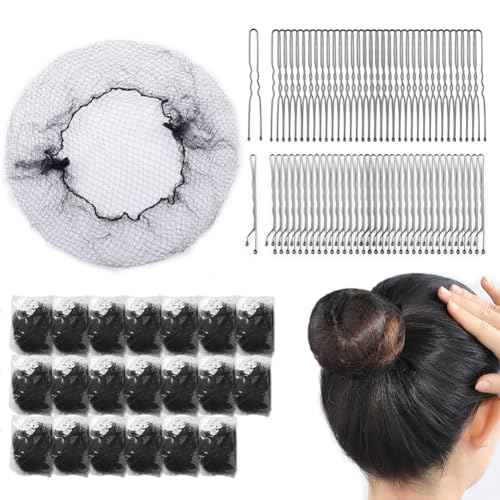 120PCS Elastic Hair Net Set for Food Service Workers 20pcs 24inch Invisible Hair Nets for Men Women Buns,50pcs U-Shaped Hair Pins 50pcs Bobby Pins for Bun Maker, 24inch,Black