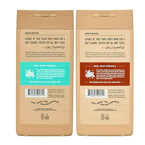 Dr. Squatch NEW Body Wash for Men with Nourishing, Natural Ingredients | No Paraben, Phthalate, Sulfate | All Day Moisture | Long Lasting Scent | Coconut Castaway & Wood Barrel Bourbon (14 oz, 2-Pack)