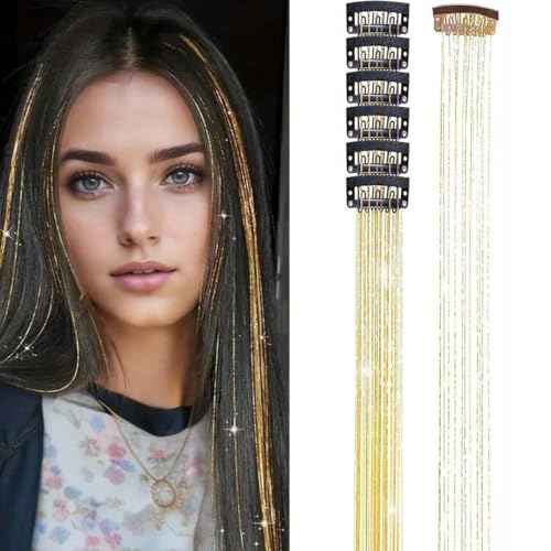 Hair Tinsel Clip in Tinsel Hair Extensions Gold Fairy Glitter Hair Tinsel Kit for Women Heat Resistant 21.5In 6Pcs Festival Accessories for Party, Christmas, New Year, Halloween, Cosplay