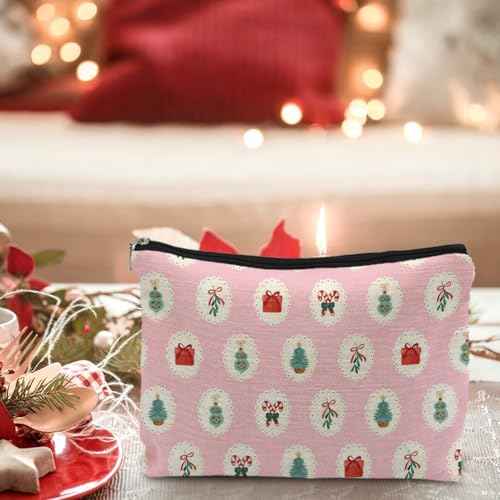 Pink Red and Green Christmas Makeup Bag, Christmas Mistletoe Candy Canes Cosmetic Bags for Women, Preppy Xmas Holiday Zipper Makeup Pouch Travel Toiletry Bag
